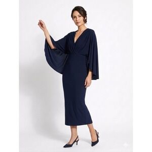 Club l London Mishka Navy Plunge Neck Cape Midi Dress Size US 6 Cocktail Evening